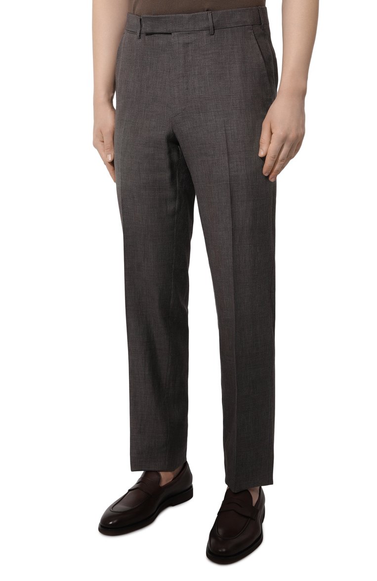 Мужские брюки из шерсти и льна ZEGNA коричневого цвета, арт. 749F09A7/75TB12 | Фото 3 (Длина (брюки, джинсы): Стандартные; Материал внешний: Лен, Шерсть; Случай: Повседневный; Стили: Кэжуэл; Автоматизация состава: Проставлено; Автоматизация ТО: Проставлено)