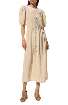 Женское платье MIU MIU бежевого цвета, арт. MF4533-1M7O-F0018 | Фото 2 (Длина Ж (юбки, платья, шорты): Миди; Женское Кросс-КТ: Платье-одежда; Случай: Повседневный; Стили: Бохо; Рукава: Короткие; Драгоценные камни: Проставлено; Материал сплава: Проставлено; Нос: Не проставлено; Региональные ограничения белый список (Axapta Mercury): Не проставлено)