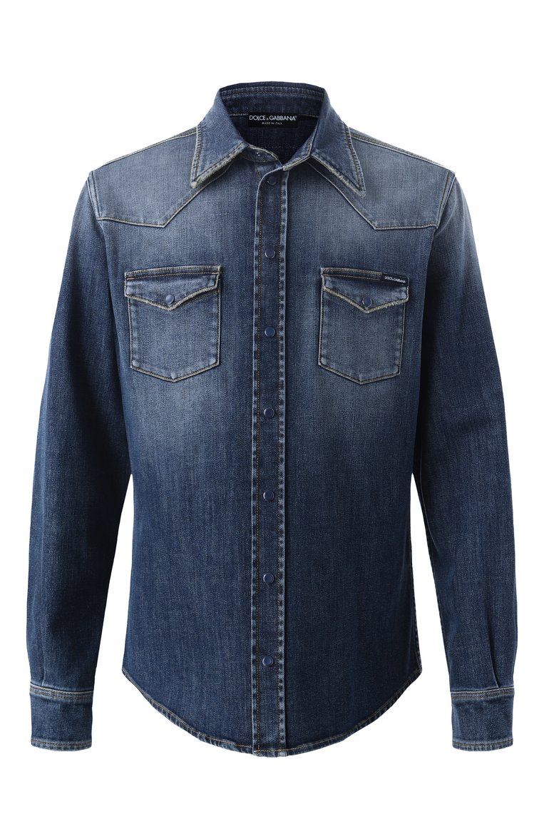Мужская джинсовая рубашка DOLCE & GABBANA темно-синего цвета, арт. G5JC8D/G8GW9 | Фото 1 (Рукава: Длинные; Материал сплава: Проставлено; Длина (для топов): Стандартные; Материал внешний: Хлопок, Деним; Драгоценные камни: Проставлено; Стили: Кэжуэл; Манжеты: На кнопках; Принт: Однотонные; Случай: Повседневный; Рубашки М: Slim Fit; Кросс-КТ: Деним; Воротник: Акула)
