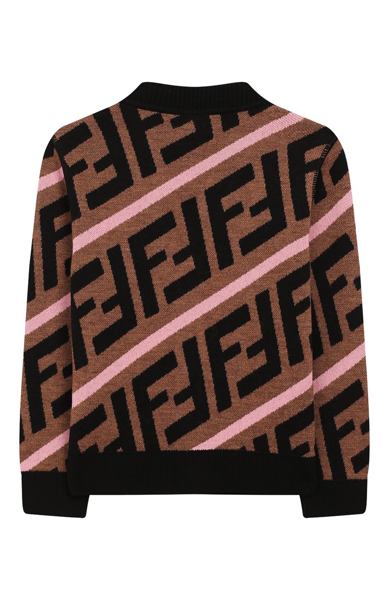 Детский шерстяной кардиган FENDI коричневого цвета, арт. JFG050/A8L7/3A-5A | Фото 2 (Рукава: Длинные; Материал внешний: Шерсть; Девочки Кросс-КТ: Кардиган-одежда; Статус проверки: Проверена категория; Материал сплава: Проставлено; Драгоценные камни: Проставлено)