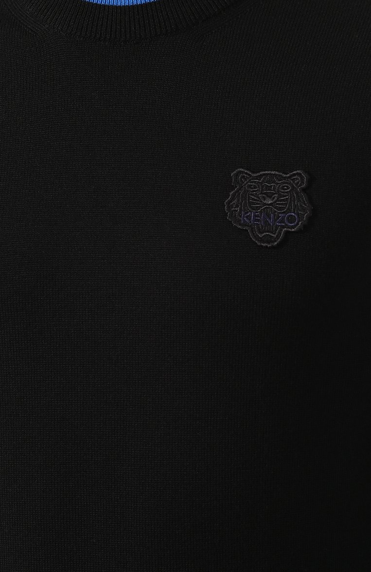 Мужской шерстяной джемпер KENZO черного цвета, арт. F965PU2023AB | Фото 5 (Мужское Кросс-КТ: Джемперы; Материал внешний: Шерсть; Рукава: Длинные; Рукава от горловины: Длинные; Длина (для топов): Стандартные; Статус проверки: Проверено, Проверена категория; Принт: Без принта; Вырез: Круглый; Стили: Кэжуэл)