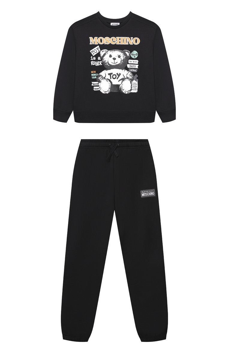 Детская комплект из свитшота и брюк MOSCHINO черного цвета, арт. HUK03Y/LCA58/4-8 | Фото 1 (Материал внешний: Хлопок; Рукава: Длинные; Девочки Кросс-КТ: Костюмы-спорт; Тематический товар: Teddy Bear; Ростовка одежда: 6 лет | 116 см, 4 года | 104 см, 5 лет | 110 см, 8 лет | 128 см)