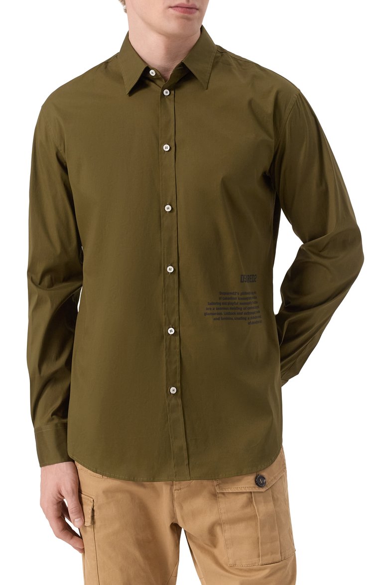 Мужская хлопковая рубашка DSQUARED2 хаки цвета, арт. S74DM0914/S44131 | Фото 3 (Рукава: Длинные; Материал внешний: Хлопок; Длина (для топов): Стандартные; Манжеты: На пуговицах; Воротник: Кент; Случай: Повседневный; Стил�и: Кэжуэл; Принт: Однотонные)