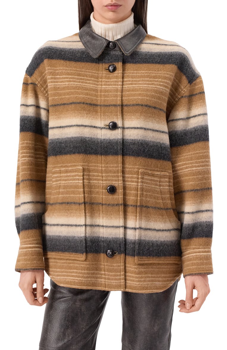 Женская шерстяная куртка ISABEL MARANT ETOILE бежевого цвета, арт. 25PMA0367FA-C1D02E | Фото 3 (Материал внешний: Шерсть; Рукава: Длинные; Кросс-КТ: Легкие, Куртка; Длина (верхняя одежда): До середины бедра; Стили: Кэжуэл)