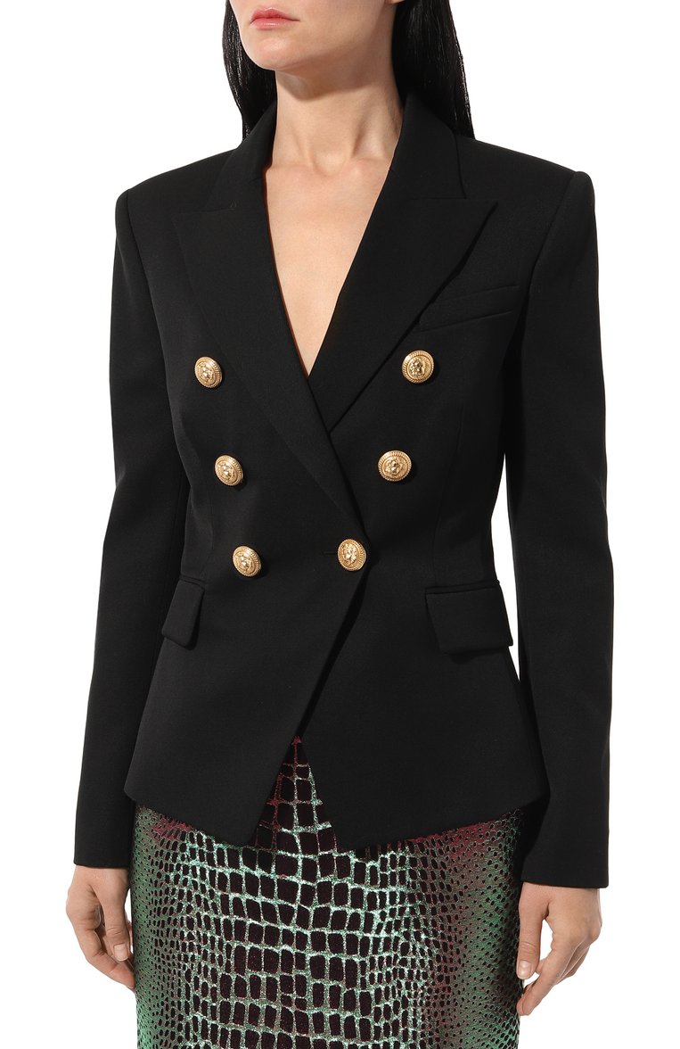 Женский шерстяной жакет BALMAIN черного цвета, арт. AF1SG000WB08 | Фото 3 (Драгоценные камни: Проставлено; Длина (для топов): Стандартные; Материал сплава: Проставлено; Материал внешний: Шерсть; Рукава: Длинные; Стили: Гламурный; Случай: Формальный; Женское Кросс-КТ: Жакет-одежда; 1-2-бортные: Двубортные)