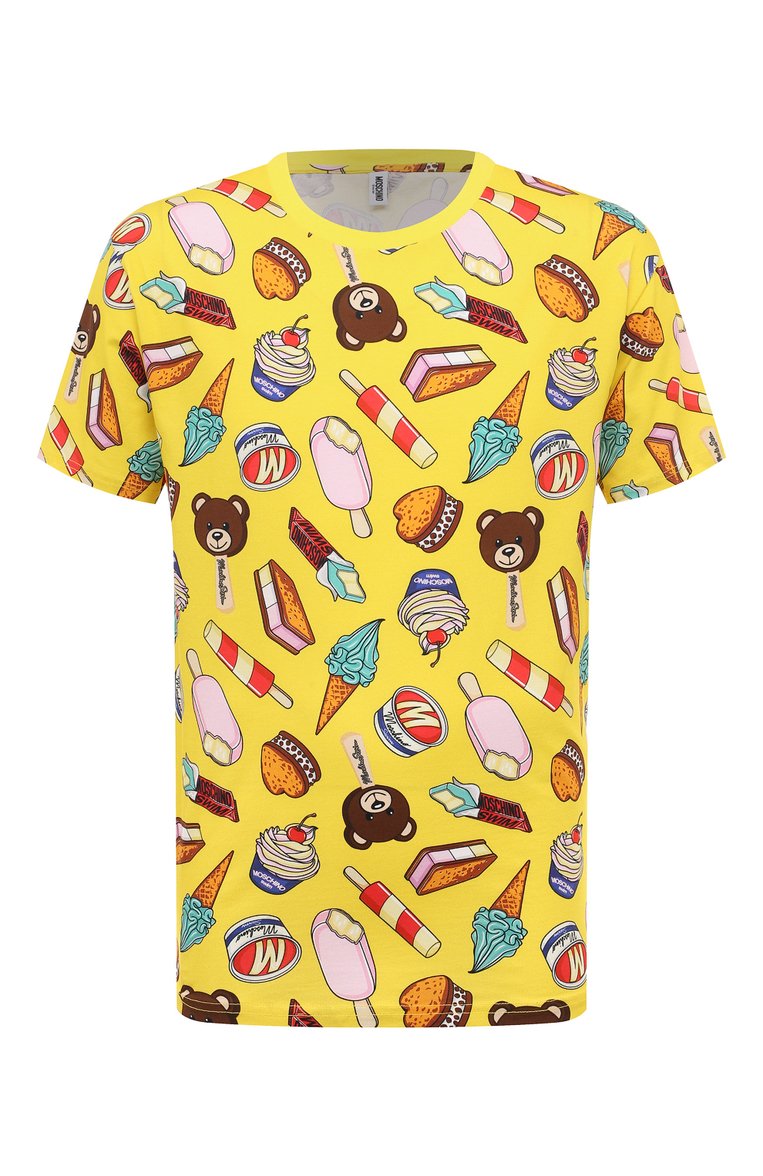 Мужская хлопковая футболка MOSCHINO желтого цвета, арт. A0712/9413 | Фото 1 (Длина (для топов): Стандартные; Материал внешний: Хлопок; Рукава: Короткие; Кросс-КТ: Пляж, Джерси; Принт: С принтом; Стили: Спорт-шик; Мужское Кросс-КТ: Футболка-одежда; Автоматизация состава: Проставлено; Детали: Без декора; Автоматизация ТО: Проставлено)