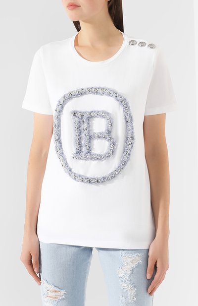 Хлопковая футболка BALMAIN голубого цвета по цене 118500 руб., арт. SF21159/P021, фото 3 Хлопковая футболка BALMAIN, арт. SF21159/P021, фото 3