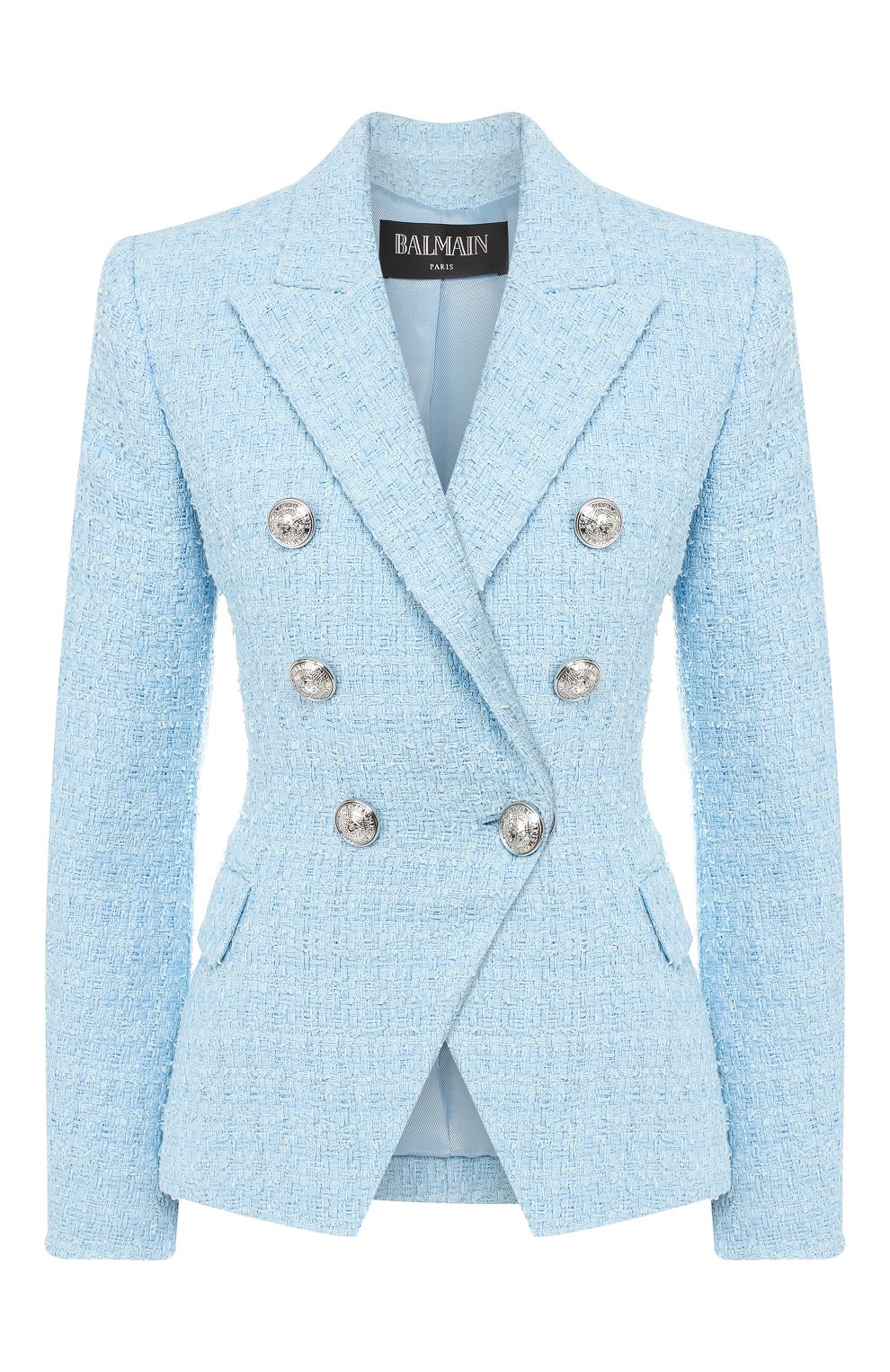 Двубортный жакет BALMAIN голубого цвета по цене 214500 руб., арт. RF07150/C138, фото 1 Двубортный жакет BALMAIN, арт. RF07150/C138, фото 1