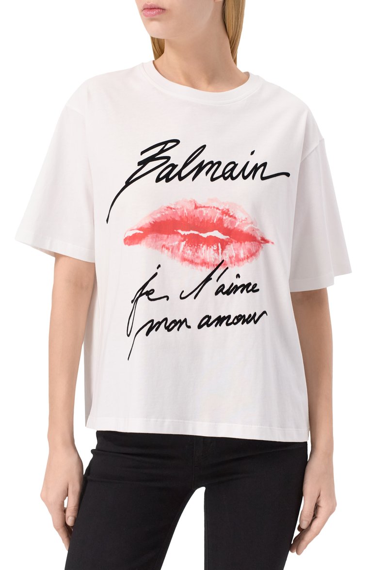 Женская хлопковая футболка BALMAIN белого цвета, арт. EF1EG110/GE45 | Фото 3 (Материал сплава: Проставлено; Рукава: Короткие; Драгоценные камни: Проставлено; Длина (для топов): Стандартные; Стили: Кэжуэл; Принт: С принтом; Материал внешний: Хлопок)