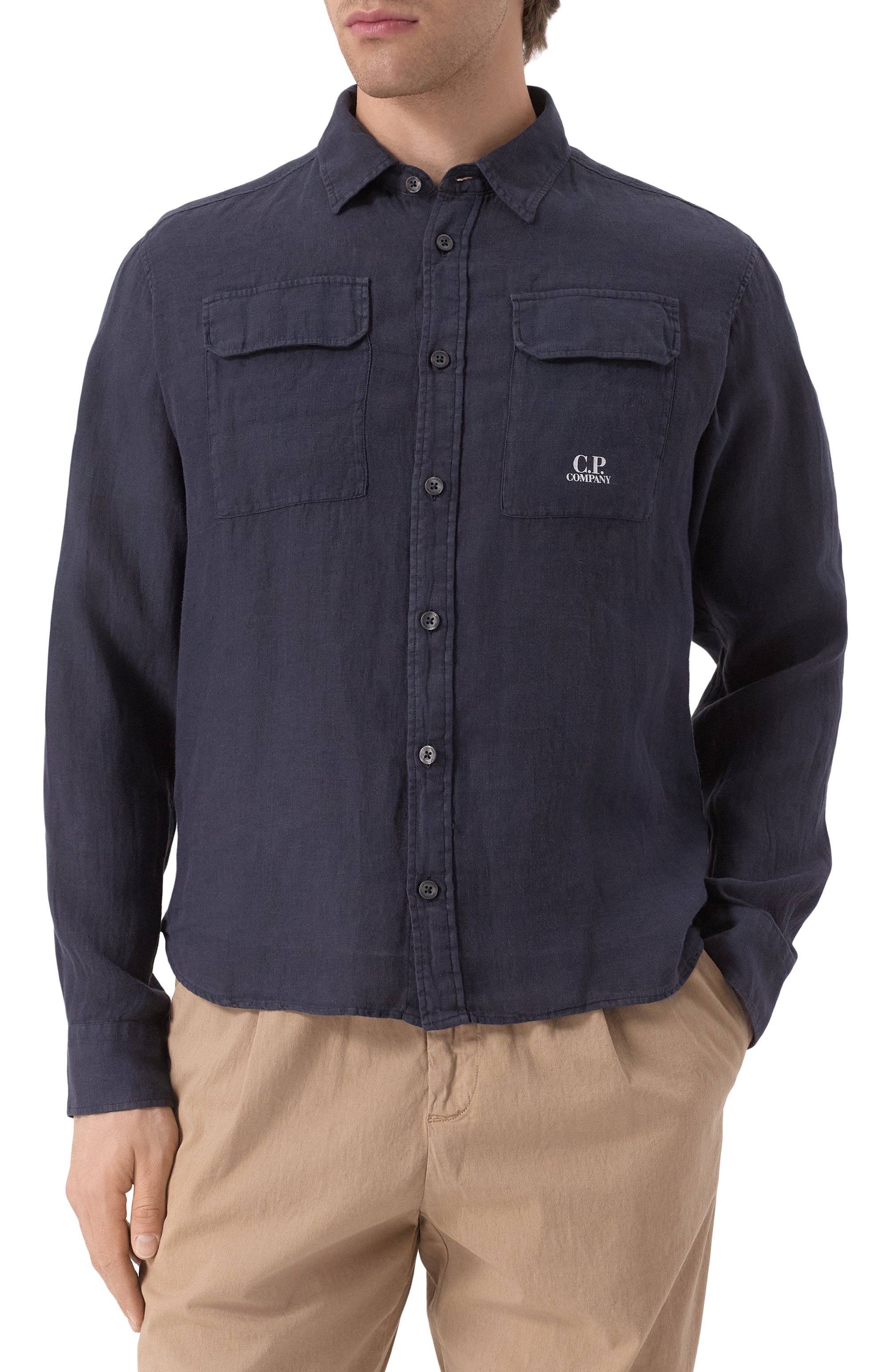 Льняная рубашка C.P. COMPANY темно-синего цвета по цене 31000 руб., арт. 18CMSH250A005415G, фото 3 Льняная рубашка C.P. COMPANY, арт. 18CMSH250A005415G, фото 3