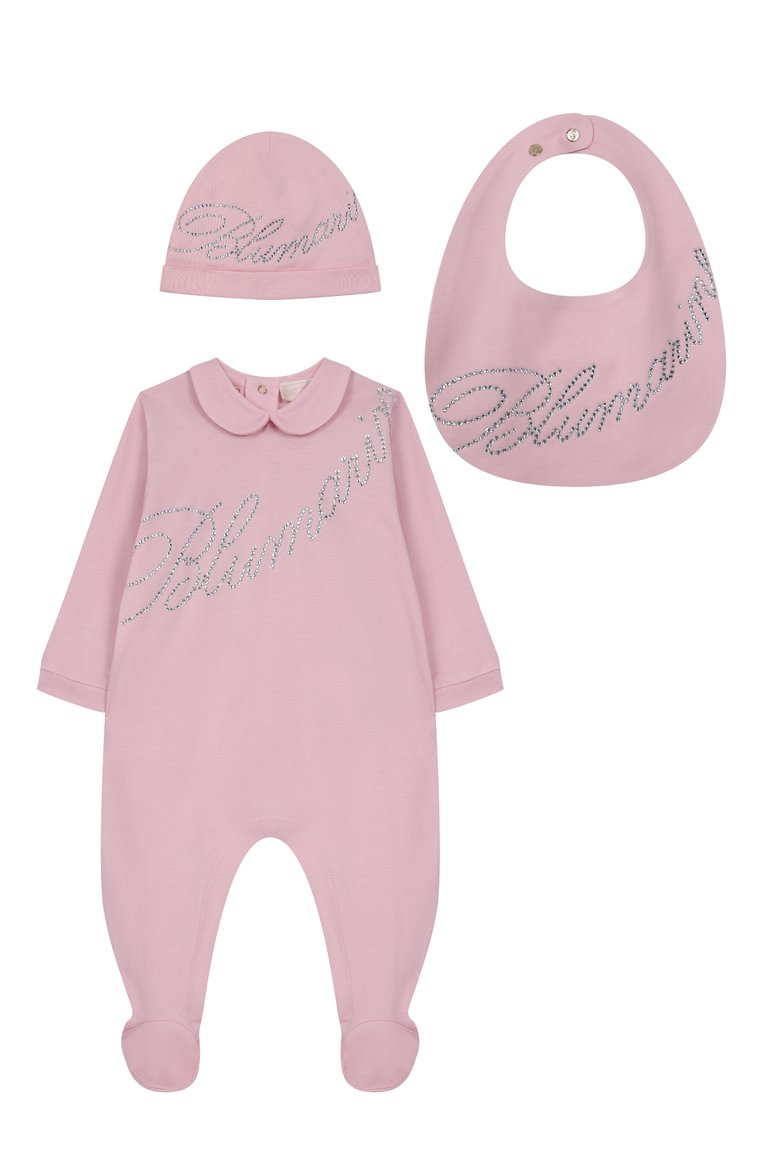 Детский комплект из трех предметов BLUMARINE розового цвета, арт. BNKT001.0.JF054/3M-9M | Фото 1 (Нос: Не проставлено; Материал внешний: Хлопок; Ростовка одежда: 0 - 3 мес | 50 - 60 см, 3 мес | 62 см, 6 мес | 68 см)