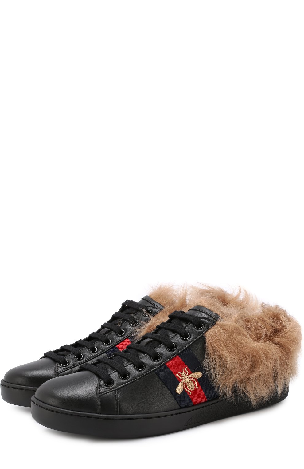 Кожаные кеды ace с отделкой из меха GUCCI, арт. 498199/0FI50, фото 1