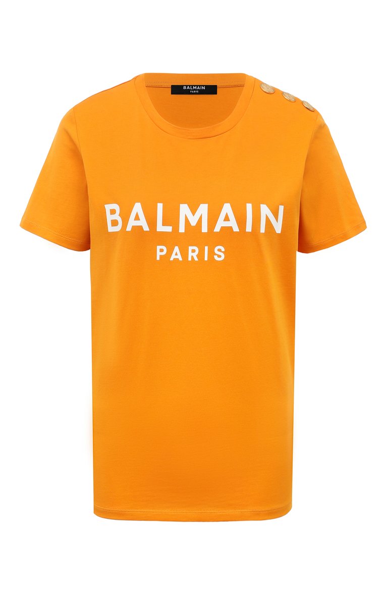 Женская хлопковая футболка BALMAIN оранжевого цвета, арт. AF1EF005/BB02 | Фото 1 (Материал внешний: Хлопок; Длина (для топов): Стандартные; Рукава: Короткие; Стили: Кэжуэл; Принт: С принтом; Автоматизация состава: Проставлено; Автоматизация ТО: Проставлено)