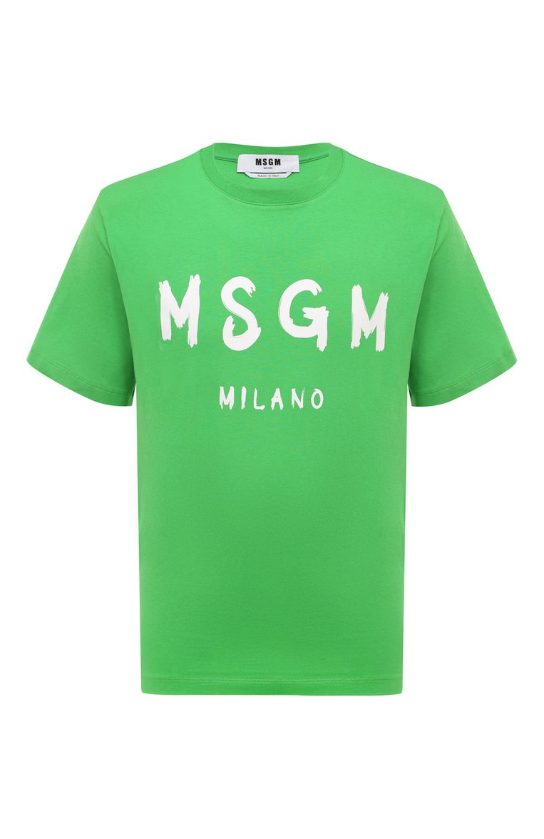 Мужская хлопковая футболка MSGM зеленого цвета, арт. 3640MM510/247002 | Фото 1 (�Рукава: Короткие; Длина (для топов): Стандартные; Принт: С принтом; Материал сплава: Проставлено; Материал внешний: Хлопок; Драгоценные камни: Проставлено; Стили: Кэжуэл)