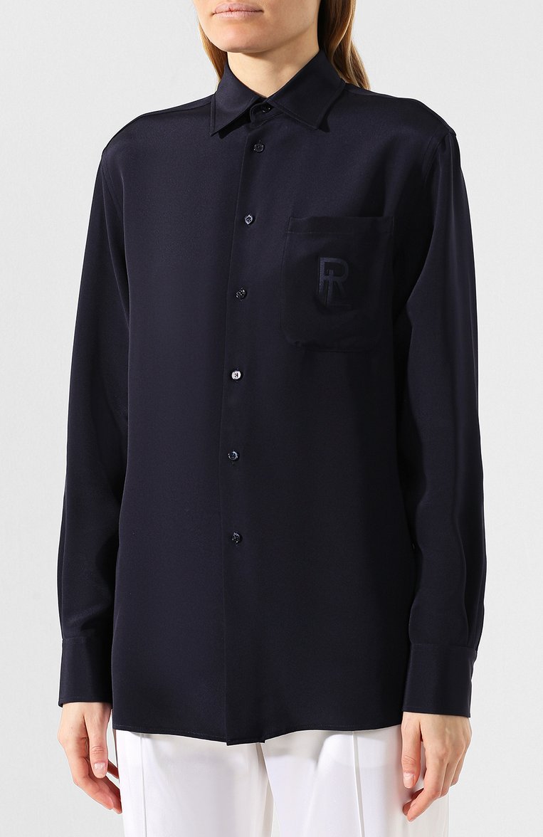 Женская шелковая рубашка RALPH LAUREN темно-синего цвета, арт. 290739994 | Фото 3 (Статус проверки: Проверена категория; Рукава: Длинные; Материал внешний: Шелк; Длина (для топов): Стандартные; Принт: Без принта; Женское Кросс-КТ: Рубашка-одежда; Стили: Кэжуэл; Драгоценные камни: Проставлено; Материал сплава: Проставлено, Провере�но)