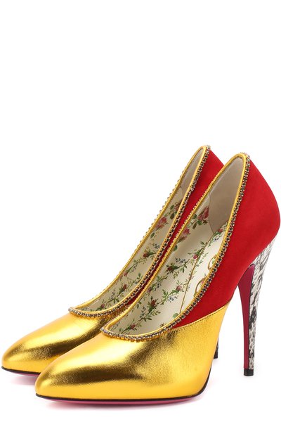 Комбинированные туфли с кристаллами на шпильке GUCCI, арт. 489345/0B720, фото 1