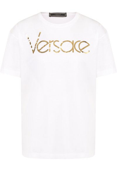 Женская хлопковая футболка прямого кроя с логотипом б ренда VERSACE, арт. A79798/A201952