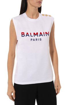 Женская хлопковая майка BALMAIN белого цвета, арт. BF1ED001/BC46 | Фото 3 (Длина (для топов): Стандартные; Материал сплава: Проставлено; Материал внешний: Хлопок; Стили: Спорт-шик; Драгоценные камни: Проставлено)