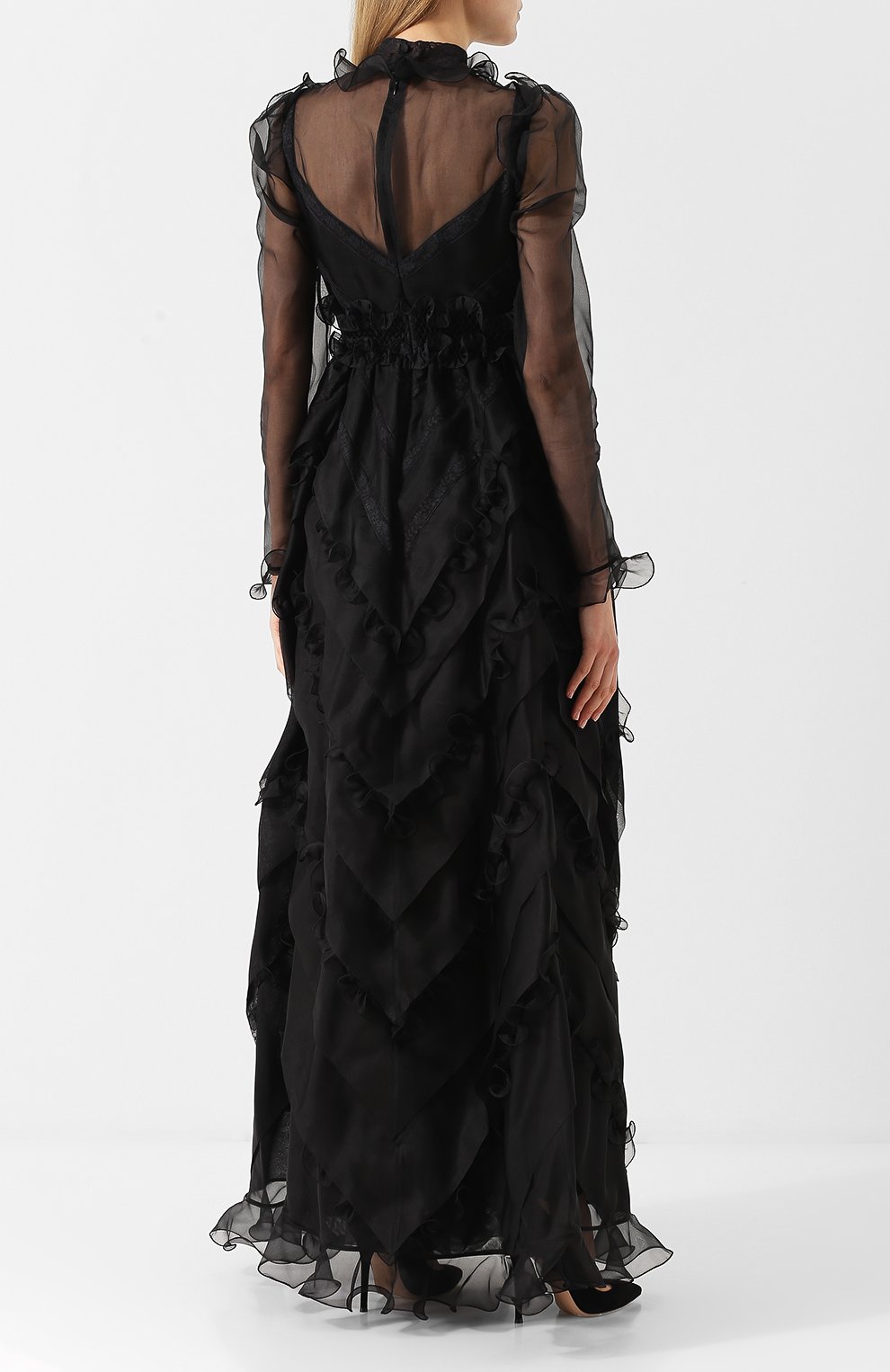 Шелковое платье-макси с оборками и воротником-стойкой VALENTINO, арт. QB2VD7Q11C8, фото 4