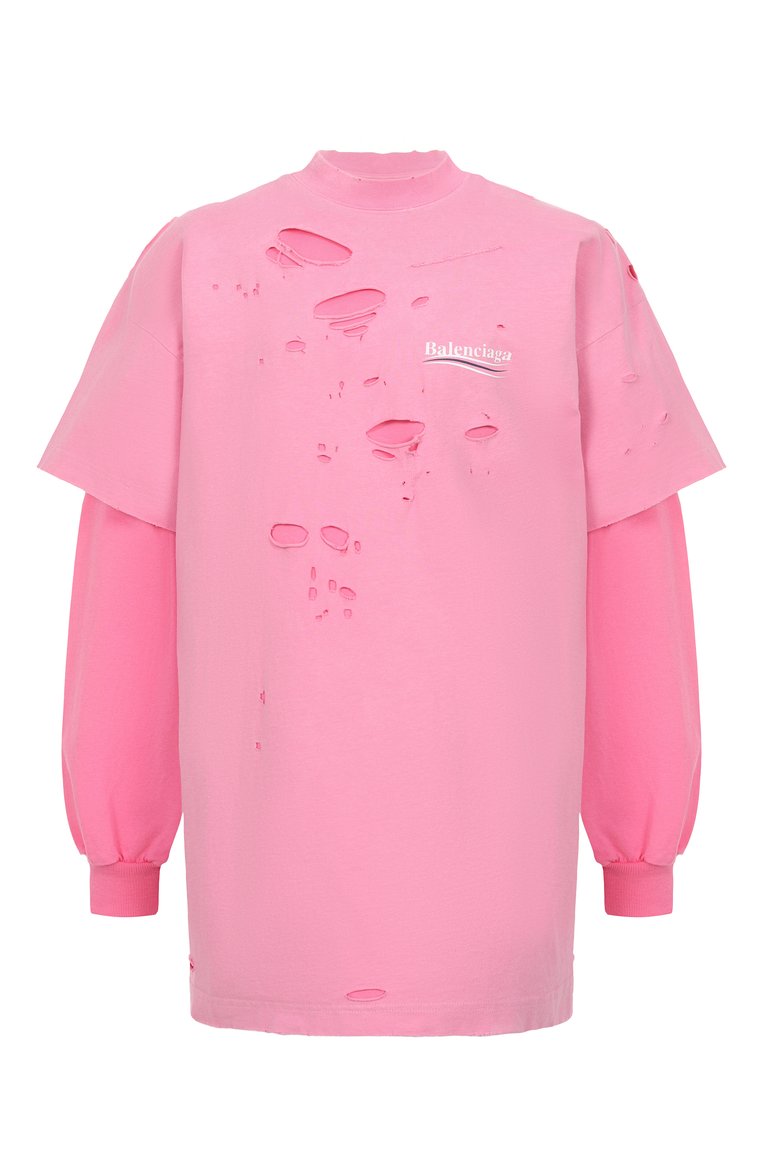 Женская хлопковый лонгслив BALENCIAGA розового цвета, арт. 818555/TRVK8 | Фото 1 (Рукава: Длинные; Материал внешний: Хлопок; Длина (для топов): Удлиненные; Принт: С принтом; Стили: Гранж; Женское Кросс-КТ: Лонгслив-одежда; Автоматизация ТО: Проставлено; Автоматизация состава: Проставлено)