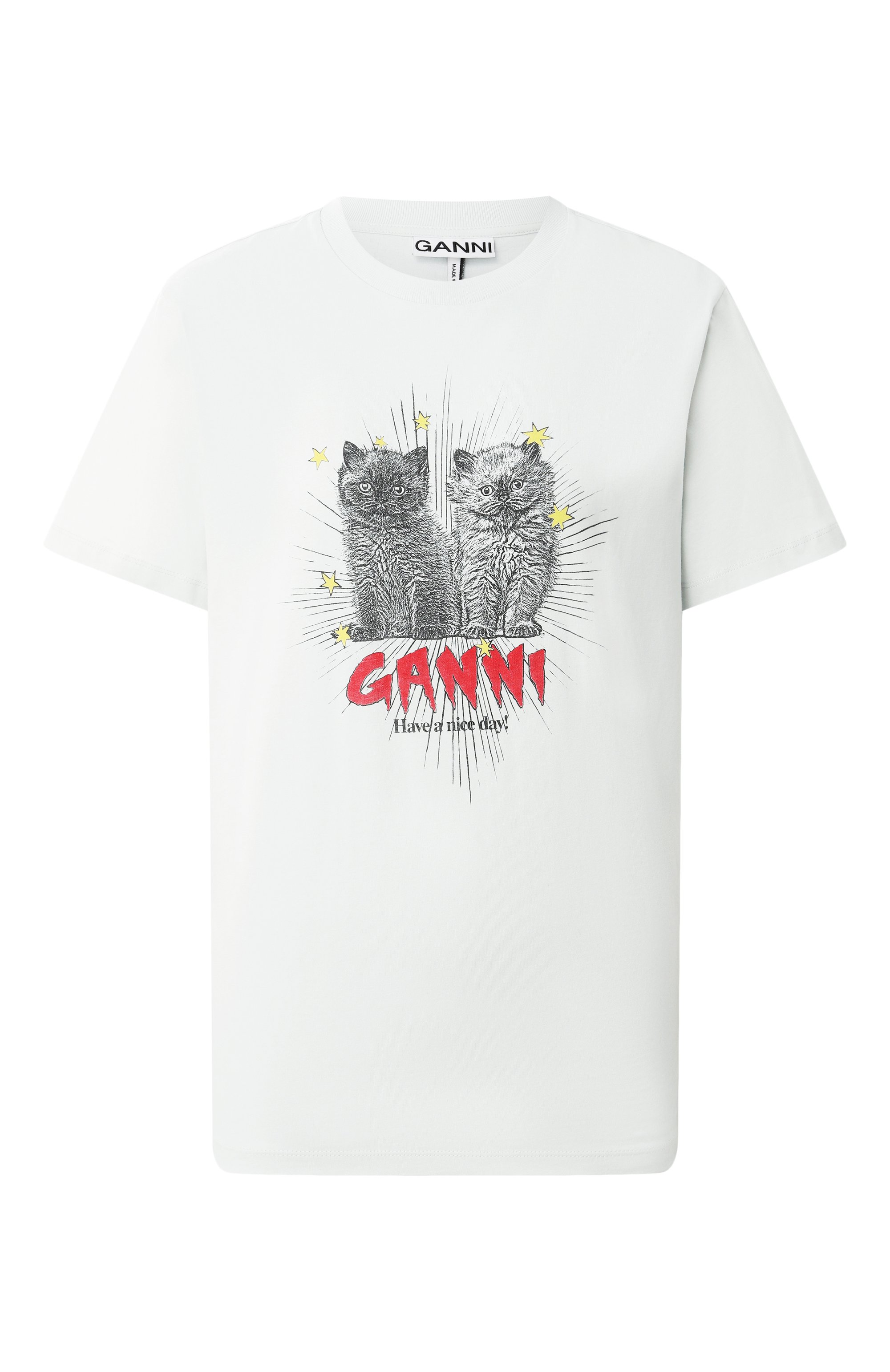 Хлопковая футболка GANNI белого цвета по цене 16050 руб., арт. T4165, фото 1 Хлопковая футболка GANNI, арт. T4165, фото 1