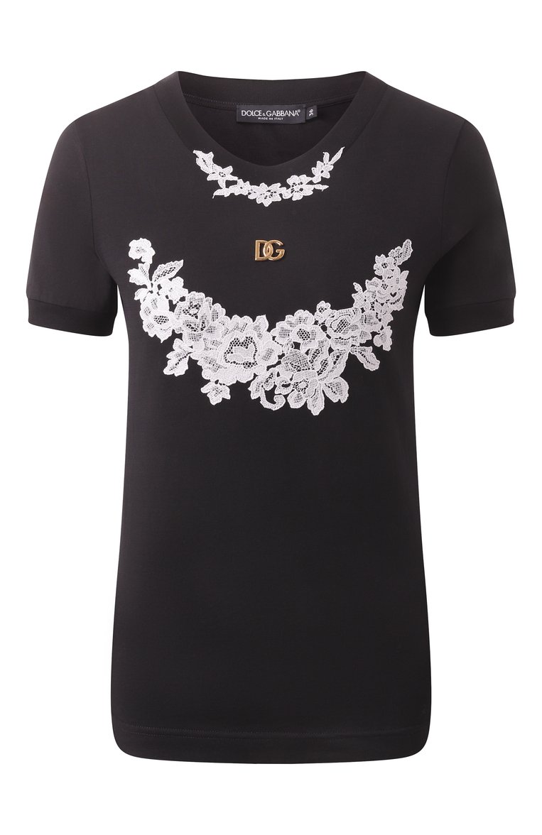 Женская хлопковая футболка DOLCE & GABBANA черного цвета, арт. F8N08T/GDCTJ | Фото 1 (Рукава: Короткие; Материал внешний: Хлопок; Длина (для топов): Стандартные; Стили: Кэжуэл; Женское Кросс-КТ: Футболка-одежда; Принт: Без принта; Автоматизация ТО: Проставлено; Размерность: Идёт в размер; Автоматизация состава: Проставлено; Re-sync: On)
