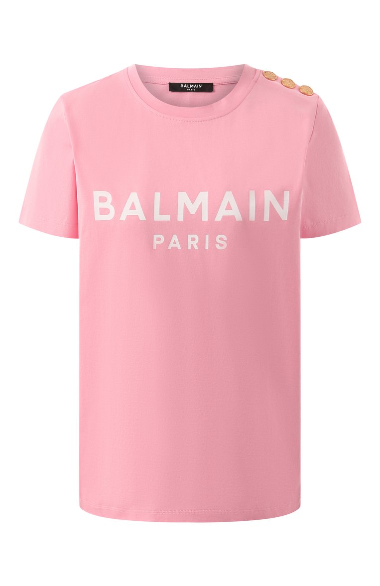 Женская хлопковая футболка BALMAIN розового цвета, арт. BF1EF005/BB02 | Фото 1 (Длина (для топов): Стандартные; Материал внешний: Хлопок; Рукава: Короткие; Стили: Кэжуэл; Принт: С принтом)