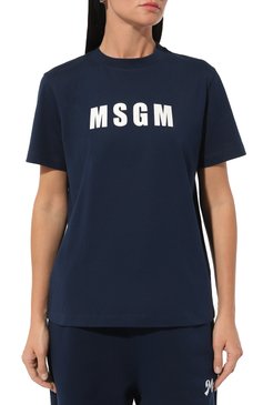 Женская хлопковая футболка MSGM темно-синего цвета, арт. 3641MDM92/247002 | Фото 3 (Драгоценные камни: Проставлено; Материал внешний: Хлопок; Материал сплава: Проставлено; Рукава: Короткие; Длина (для топов): Стандартные; Стили: Кэжуэл; Женское Кросс-КТ: Футбол�ка-одежда; Принт: С принтом)