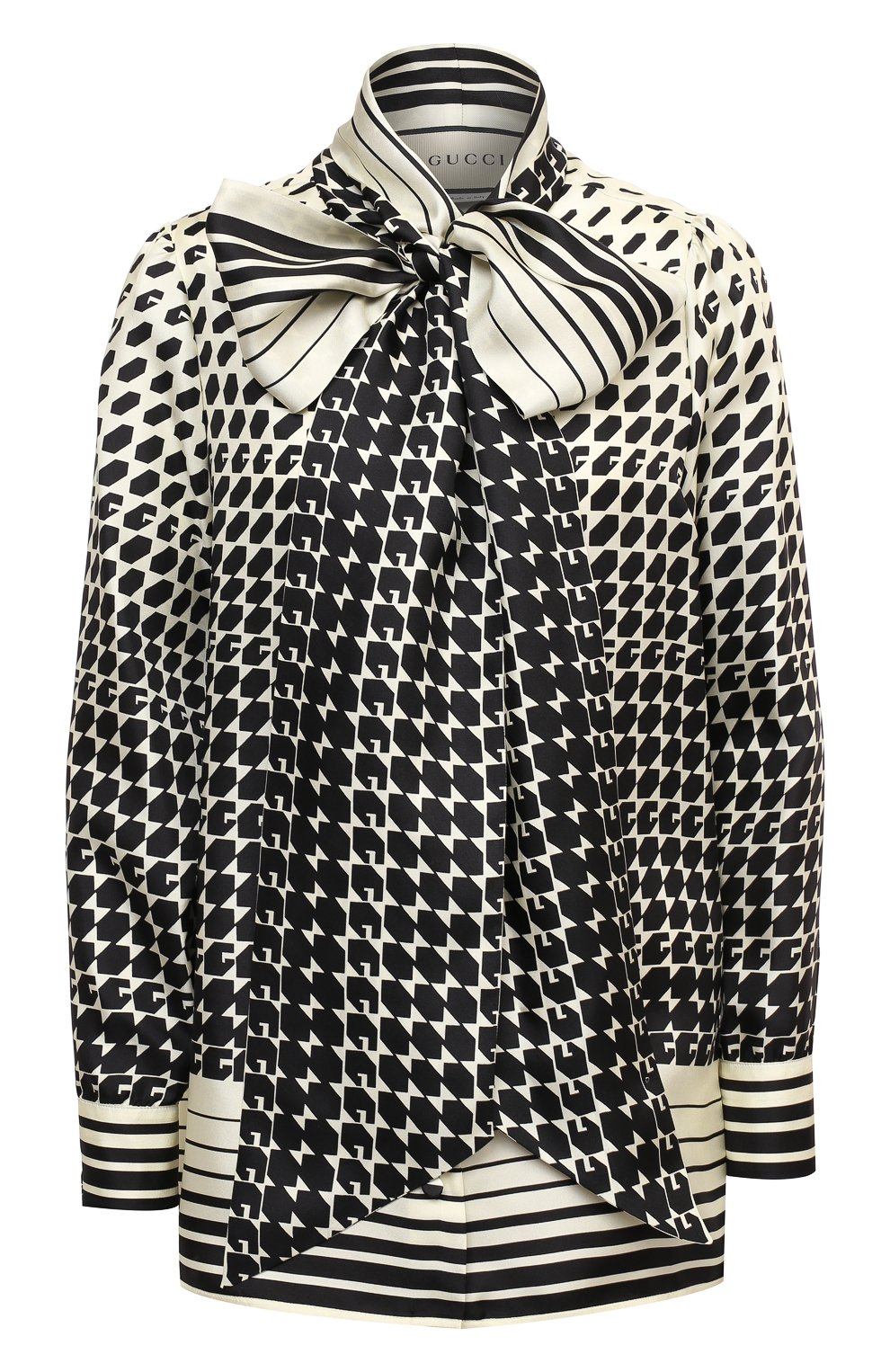 Шелковая блузка GUCCI черно-белого цвета по цене 172800 руб., арт. 467085/ZAGI9, фото 1 Шелковая блузка GUCCI, арт. 467085/ZAGI9, фото 1