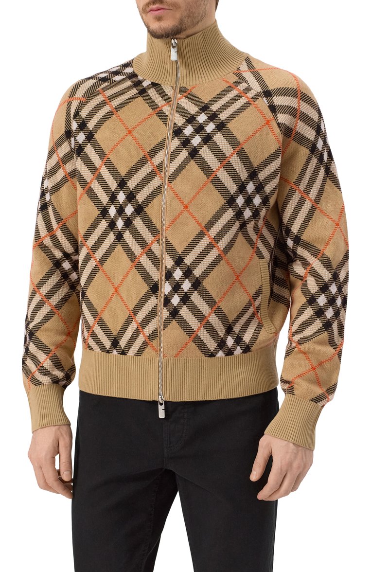 Мужской шерстяной кардиган BURBERRY бежевого цвета, арт. 8095087 | Фото 3 (Длина (для топов): Стандартные; Рукава: Длинные; Материал внешний: Шерсть; Мужское Кросс-КТ: Кардиган-одежда; Стили: Кэжуэл; Застежка: Молния)