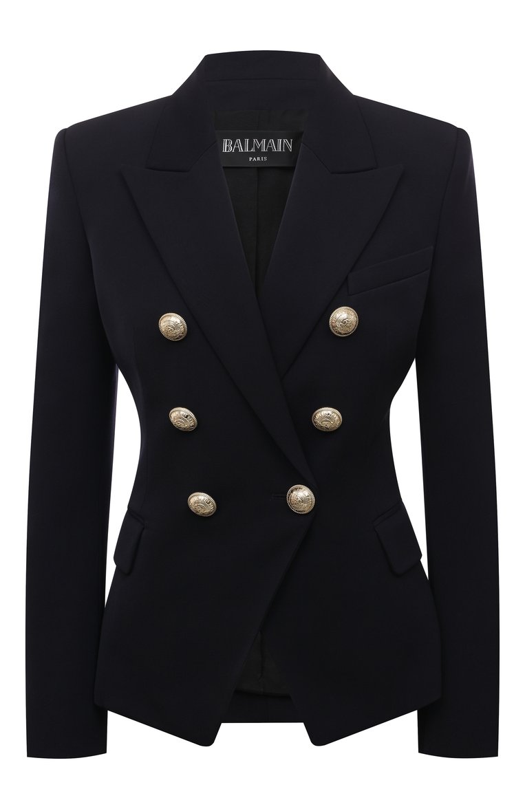 Женский шерстяной жакет BALMAIN темно-синего цвета, арт. SF17183W034 | Фото 1 (Длина (для топов): Стандартные; Материал внешний: Шерсть; Рукава: Длинные; Материал подклада: Вискоза; Стили: Кэжуэл; 1-2-бортные: Двубортные; Женское Кросс-КТ: Жакет-одежда)