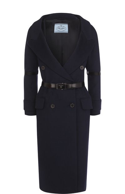 Женское шерстяное двубортное пальто с поясом PRADA, арт. P623HK-1QLO-F0HDP