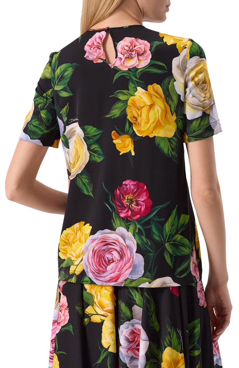 Женский шелковый топ DOLCE & GABBANA �разноцветного цвета, арт. F7A02T/FSA7B | Фото 4 (Драгоценные камни: Проставлено; Рукава: Короткие; Материал внешний: Шелк; Материал сплава: Проставлено; Длина (для топов): Стандартные; Стили: Романтичный; Кросс-КТ: костюм)