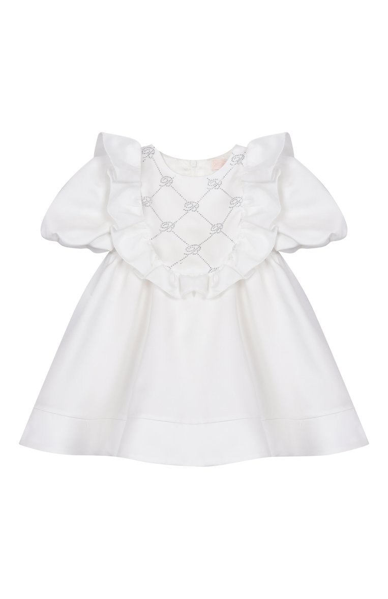 Детское платье BLUMARINE молочного цвета, арт. BGAB006.0.RA010/12M-2A | Фото 1 (Рукава: Короткие; Материал внешний: Синтетический материал; Материал подклада: Вискоза; Случай: Вечерний; Девочки Кросс-КТ: Платье-одежда; Ростовка одежда: 12 мес | 80 см, 18 мес | 86 см, 24 мес | 92 см)
