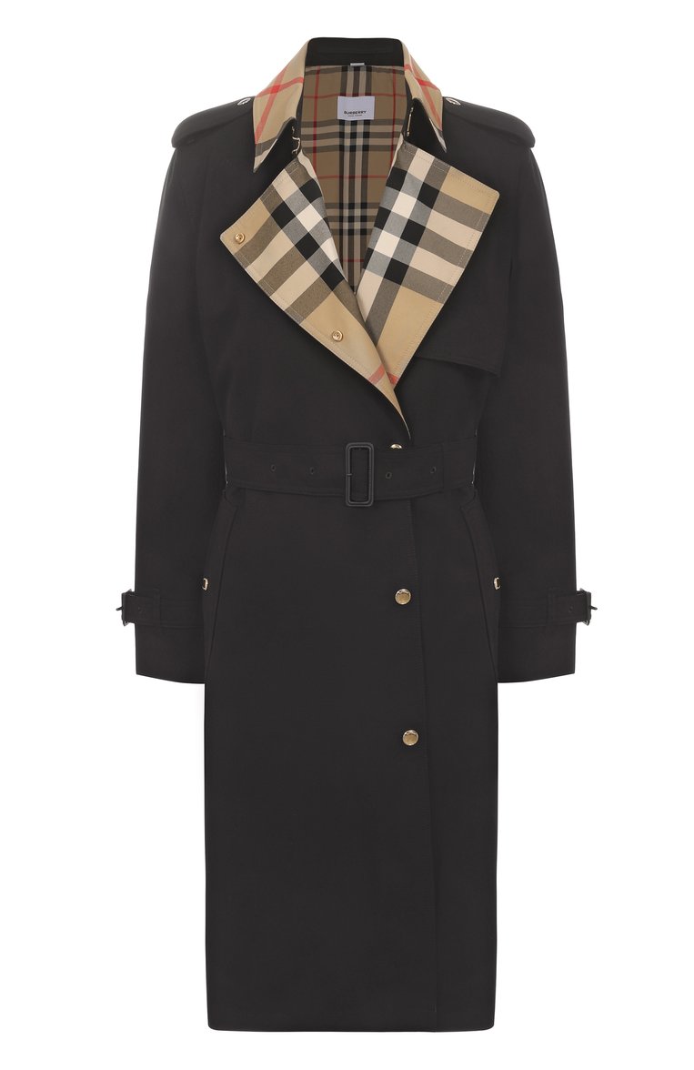 Женский хлопковый тренч BURBERRY черного цвета, арт. 8089811 | Фото 1 (Рукава: Длинные; Автоматизация ТО: Проставлено; Автоматизация состава: Проставлено; Материал внешний: Хлопок; Длина (верхняя одежда): До колена; Материал подклада: Хлопок; Кросс-КТ: Куртка; Стили: Классический)