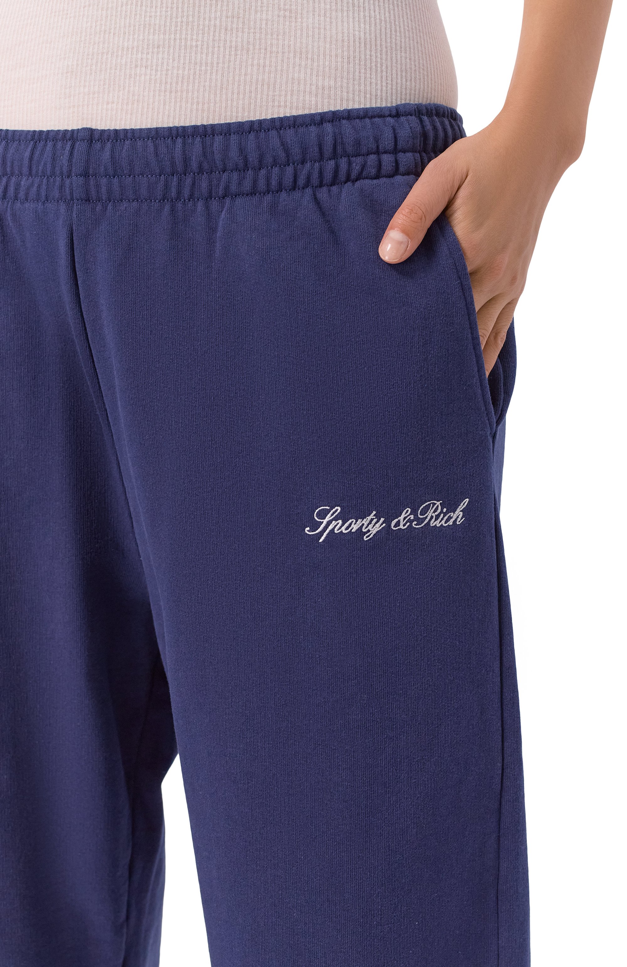 Хлопковые брюки SPORTY AND RICH темно-синего цвета по цене 29300 руб., арт. PA05568326BL106, фото 5 Хлопковые брюки SPORTY AND RICH, арт. PA05568326BL106, фото 5