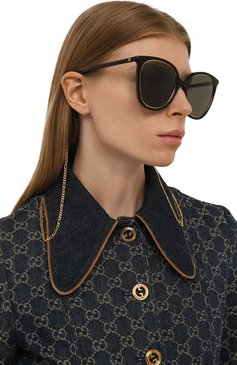 Женские солнцезащитные очки GUCCI черного цвета, арт. 691290 J0741 | Фото 3 (Кросс-КТ: С/з-унисекс; Региональные ограничения белый список (Axapta Mercury): Не проставлено; Нос: Не проставлено; Материал: Пластик; Тип очков: С/з; Очки форма: Круглые; Оптика Гендер: оптика-унисекс)