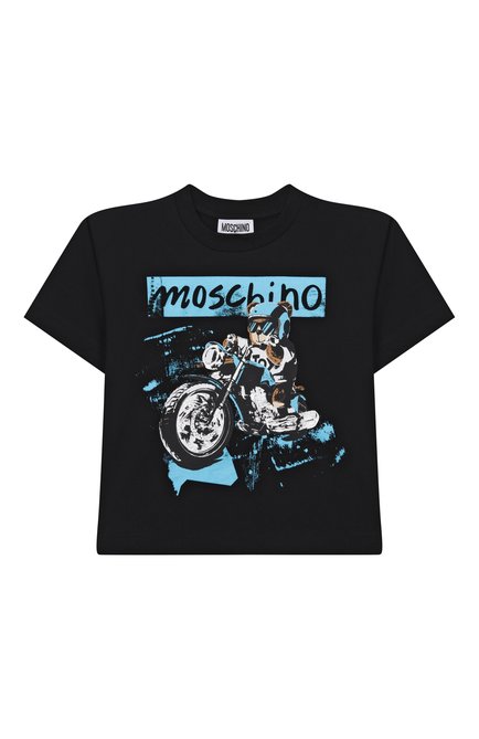 Детская хлопковая футболка MOSCHINO черного цвета, арт. HUM054/LAA23/10-14 | Фото 1 (Материал сплава: Проставлено; Драгоценные камни: Проставлено; Рукава: Короткие; Материал внешний: Хлопок)