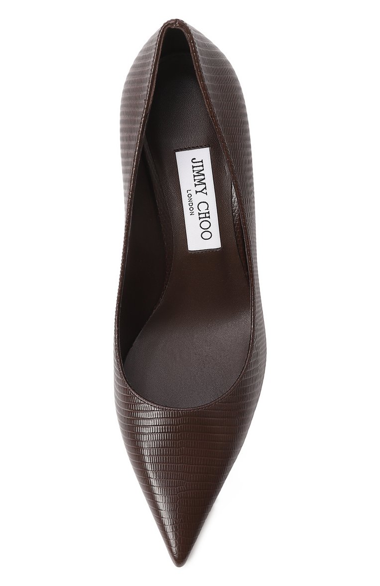 Женские кожаные туфли love 85 JIMMY CHOO темно-коричневого цвета, арт. L0VE 85/PWJ | Фото 6 (Драгоценные камни: Проставлено; Подошва: Плоская; Каблук высота: Высокий; Материал сплава: Проставлено; Материал внешний: Натуральная кожа; Материал внутренний: Натуральная кожа; Каблук тип: Шпилька)