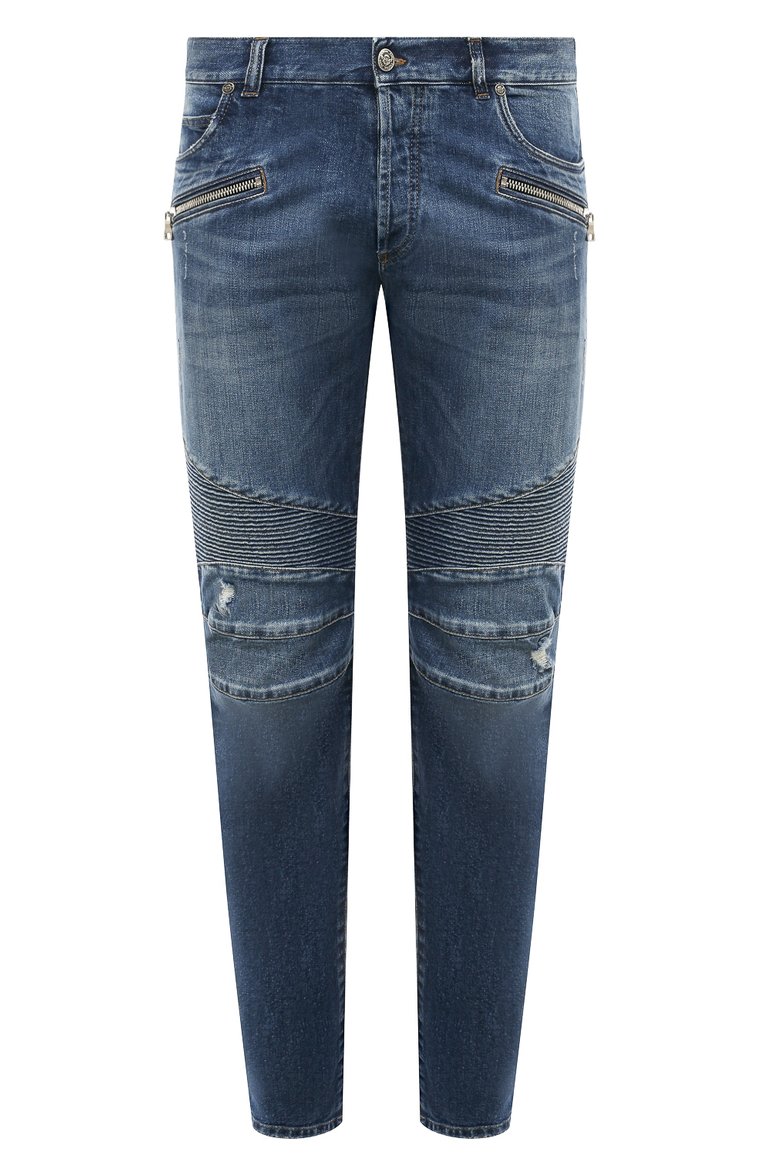 Мужские джинсы BALMAIN синего цвета, арт. VH0MH005031D | Фото 1 (Материал внешний: Хлопок, Деним; Длина (брюки, джинсы): Стандартные; Силуэт М (брюки): Прямые; Детали: Потертости; Кросс-КТ: Деним; Стили: Streetwear)