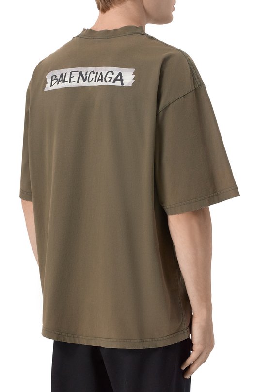 Хлопковая футболка Balenciaga 764235/TTVL6 Хаки  764235/TTVL6 Фото 4