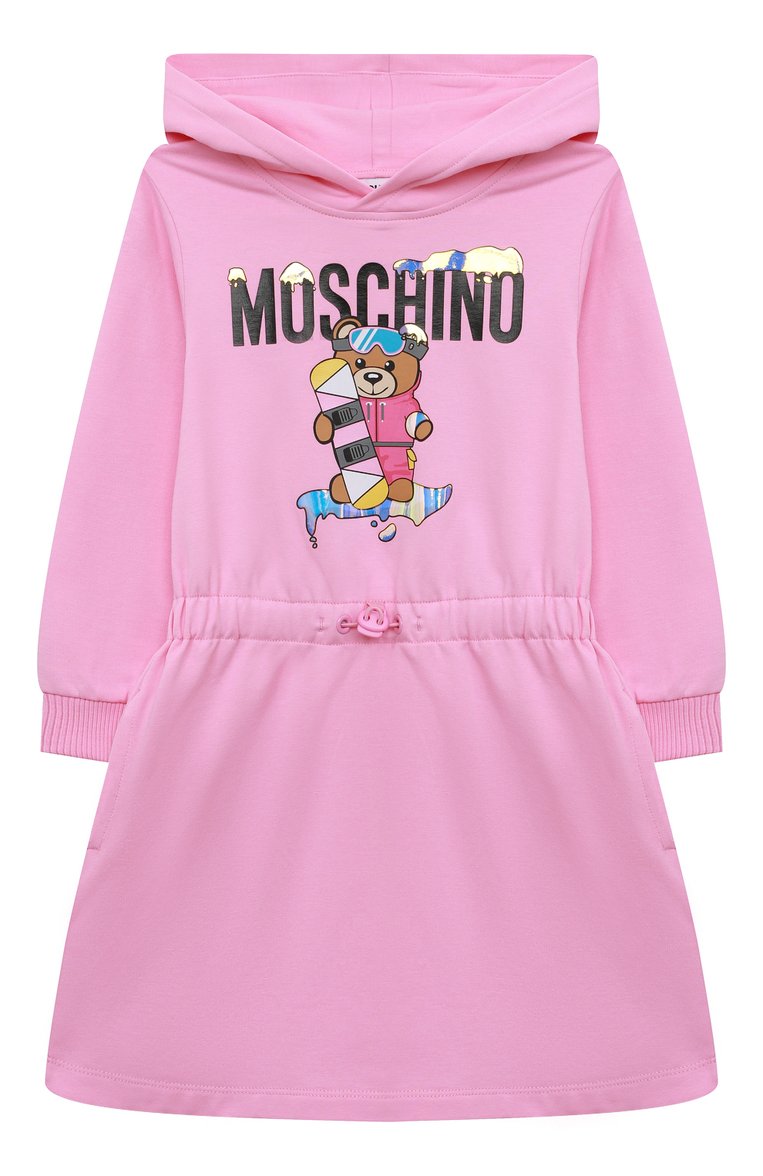 Детское хлопковое платье MOSCHINO розового цвета, арт. HDV0BY/LDA22/4A-8A | Фото 1 (С�лучай: Повседневный; Тематический товар: Teddy Bear; Девочки Кросс-КТ: Платье-одежда; Материал внешний: Хлопок; Рукава: Длинные; Ростовка одежда: 4 года | 104 см, 5 лет | 110 см, 6 лет | 116 см, 8 лет | 128 см)