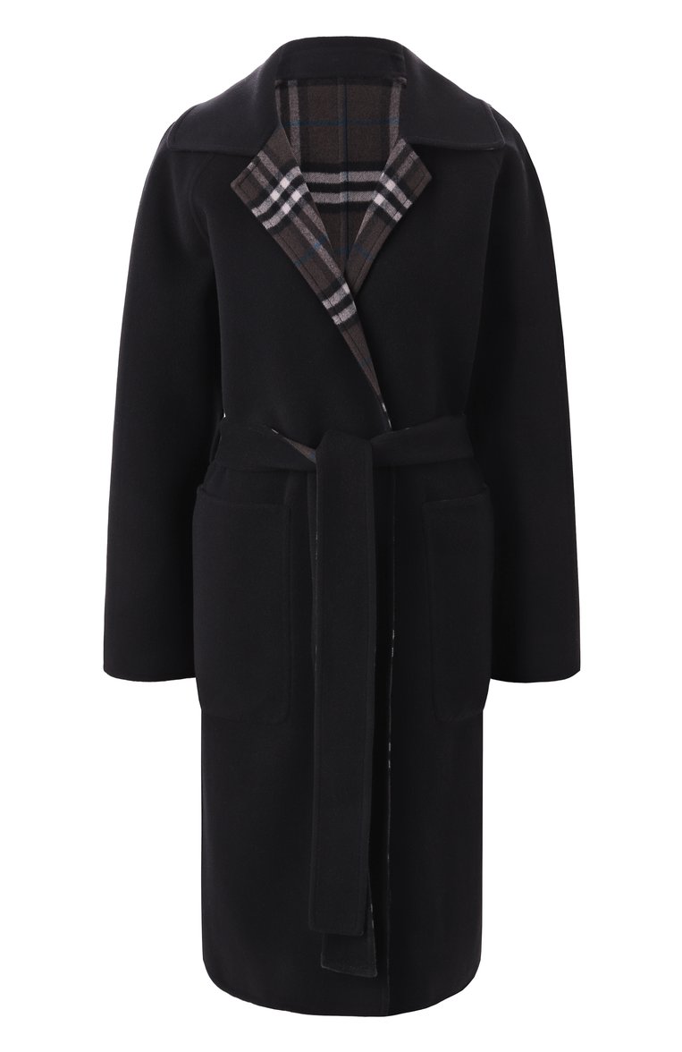 Женское двустороннее пальто BURBERRY черного цвета, арт. 8093827 | Фото 1 (Материал сплава: Проставлено; Рукава: Длинные; Длина (верхняя одежда): До колена; Драгоценные камни: Проставлено; Материал внешний: Шерсть; 1-2-бортные: Однобортные; Стили: Классический)