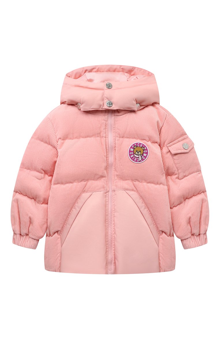 Детская утепленная куртка из вельвета MOSCHINO светло-розового цвета, арт. HUS044/LWA04/4A-8A | Фото 1 (Материал внешний: Хлопок; Материал сплава: Проставлено; Материал подклада: Вискоза; Драгоценные камни: Проставлено; Рукава: Длинные)