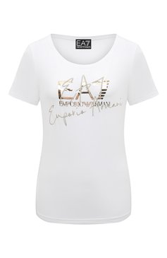 Женская хлопковая футболка EA 7 белого цвета, арт. 3DTT26/TJFKZ | Фото 1 (Рукава: Короткие; Длина (для топов): Стандартные; Принт: С принтом; Материал сплава: Проставлено; Материал внешний: Хлопок; Стили: Спорт-шик; Женское Кросс-КТ: Футболка-одежда; Драгоценные камни: Проставлено)