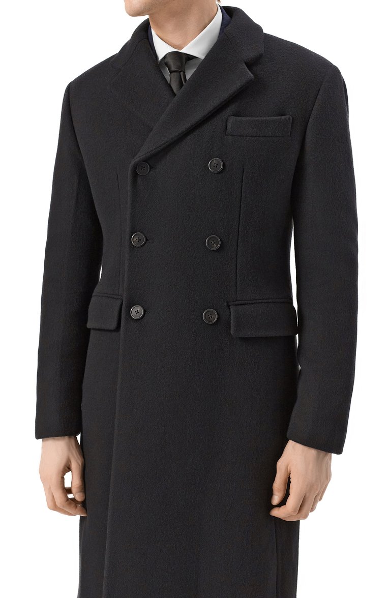 Мужской кашемировое пальто PRADA черного цвета, арт. UC421S-1UWK-F0002-192 | Фото 5 (Длина (верхняя одежда): До колена; Материал внешний: Кашемир, Шерсть; Мужское Кросс-КТ: пальто-верхняя одежда; Рукава: Длинные; 1-2-бортные: Двубортные; Стили: Классический)
