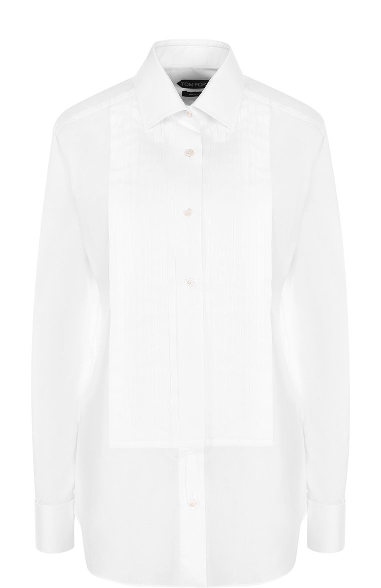 Женская приталенная хлопковая блуза с планкой TOM FORD белого цвета, арт. CA3101-FAX341 | Фото 1 (Длина (для топов): Удлиненные; Материал внешний: Хлопок; Рукава: Длинные; Принт: Без принта; Женское Кросс-КТ: Блуза-одежда)