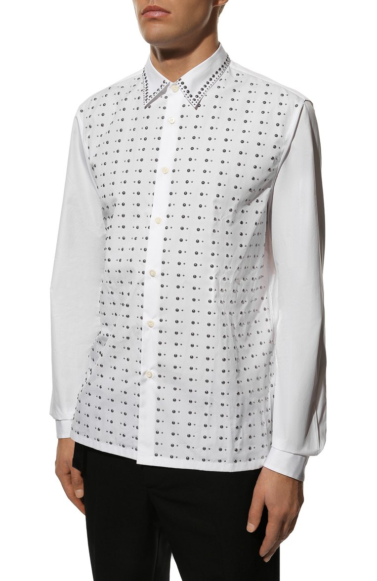 Мужская хлопковая рубашка PRADA белого цвета, арт. UCN414-1LZC-F0009-221 | Фото 3 (Рубашки М: Classic Fit; Длина (для топов): Стандартные; Случай: Повседневный; Рукава: Длинные; Манжеты: На пуговицах; Стили: Кэжуэл; Материал внешний: Хлопок; Принт: Однотонные; Воротник: Кент; Детали: Без декора; Автоматизация состава: Проставлено; Автоматизация ТО: Проставлено)