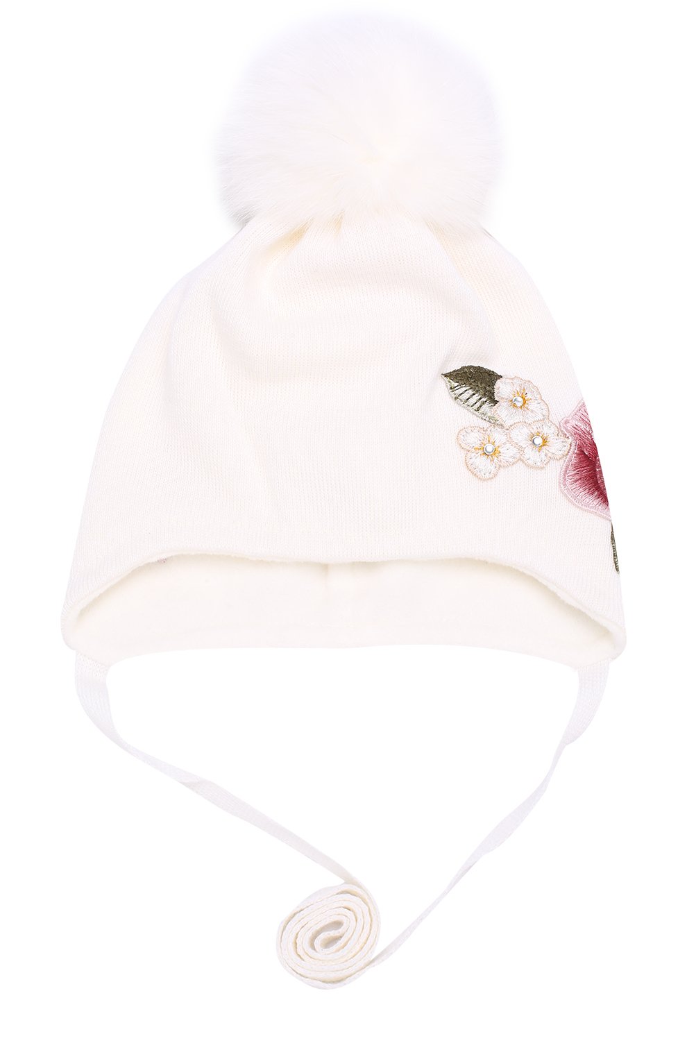 Вязаная шапка с вышивкой и меховым помпоном MONNALISA, арт. 390006F6, фото 1