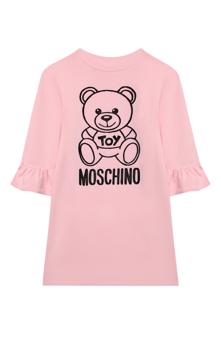 Детское хлопковое платье MOSCHINO розового цвета, арт. HAV081/LDA17/4A-8A | Фото 1 (Рукава: Длинные; Материал внешний: Хлопок; Случай: Повседневный; Девочки Кросс-КТ: Платье-одежда; Драгоценные камни: Проставлено; Материал сплава: Проставлено; Ростовка одежда: 4 года | 104 см, 5 лет | 110 см, 6 лет | 116 см, 8 лет | 128 см)